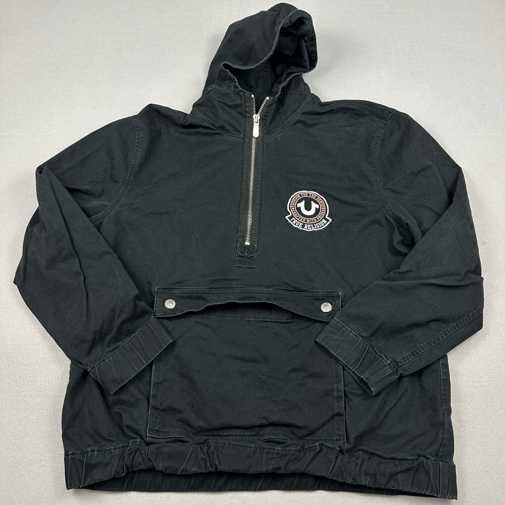 True Religion Jacket Men 3XL Black 1/2 Zip Anorak Pullover Pocket Hood XXXL